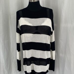 AB Studio Black n White Striped Open-Knit Crew Sweater Size L, PTP 20, Length 28